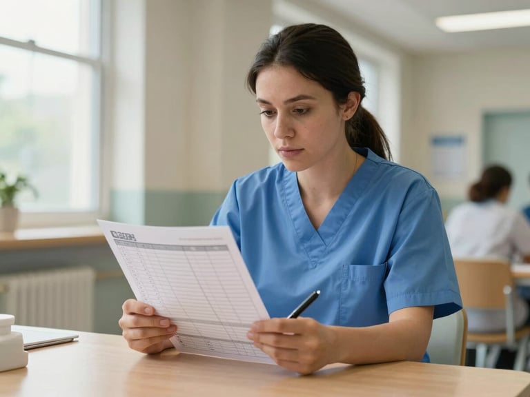 Care worker reviewing a printed shift rota at a nursing station desk, natural north-facing window light, pen in hand, focused expression, care home environment visible in background