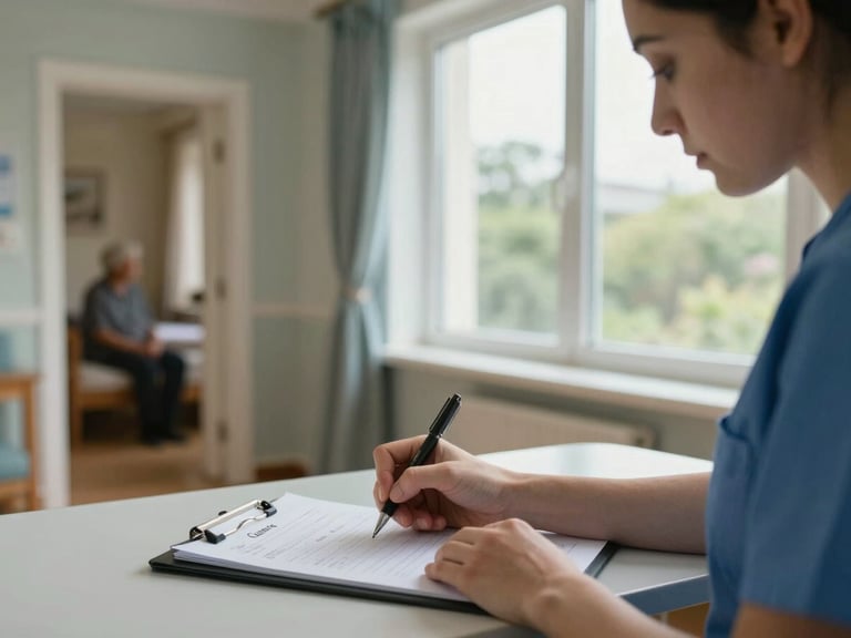 Care worker seated at a desk writing care notes on a clipboard, overcast natural daylight through a large care home window to the right, hands and pen in sharp focus, a resident's room door visible softly out of focus in the background, attentive and unhurried atmosphere