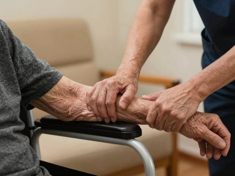 Close-up of a care worker's hands gently steadying an elderly person's arm during a mobility assist, warm tungsten interior light, care home sitting room partially visible in background, sharp focus on hands, documentary framing