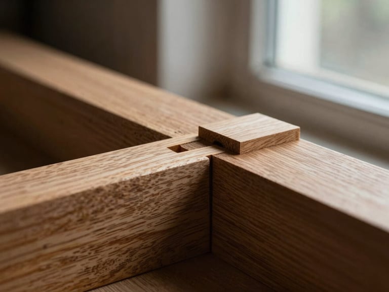 Extreme macro detail of interlocking mortise-and-tenon wood joint, raw oak texture under dramatic workshop window light, shallow depth of field