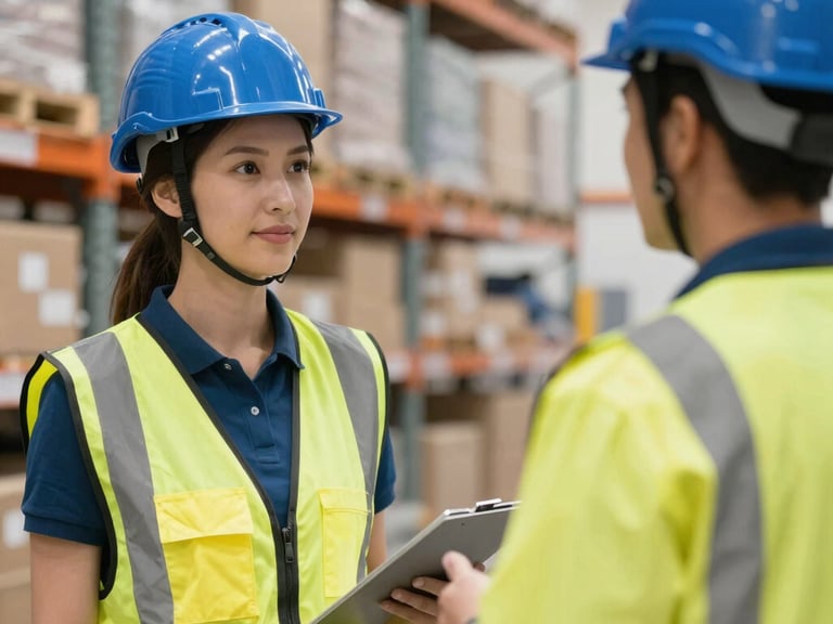Close-up of hands inspecting a shipping label and barcode on a wooden pallet inside a European warehouse, sharp focus, technical industrial lighting.