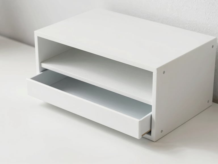Bright high-key product photography of a sleek minimalist desk organizer with clean lines, soft natural daylight, sharp details, 35mm lens