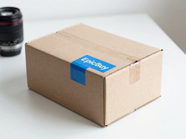 bright high-key product photography, soft natural daylight, clean minimalist settings, crisp details, a neatly sealed cardboard shipping box with an elegant blue EpicBuy tape on a white surface