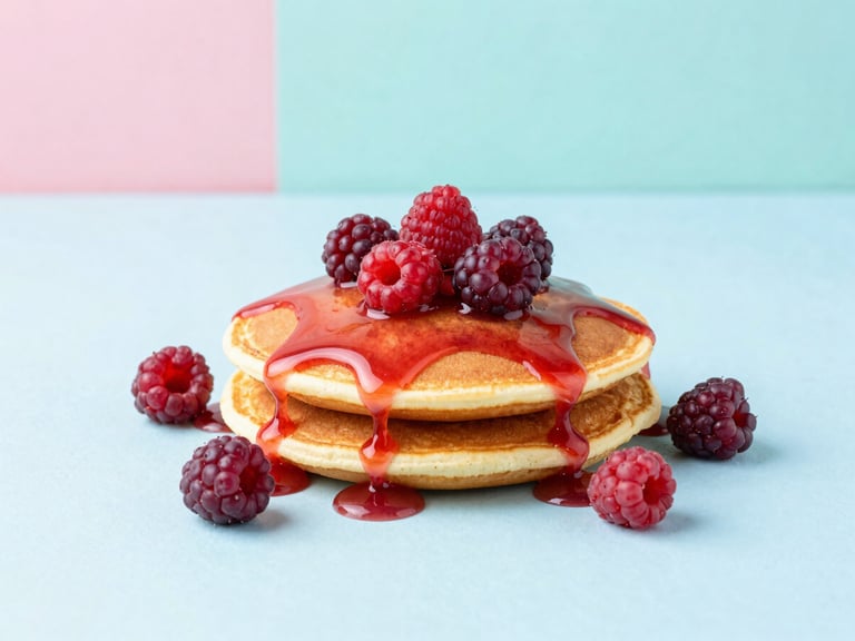 Panquecas fofas com frutas vermelhas e calda, em flatlay vibrante com fundo pastel, luz de anel, textura rica, ultra-moderno.