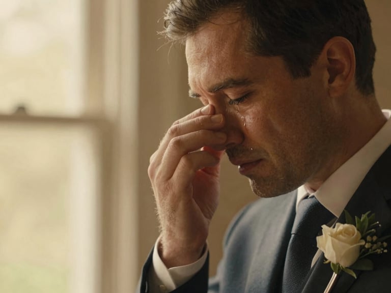 Close-up of a father wiping a tear during a wedding speech, soft window light, warm emotional atmosphere.