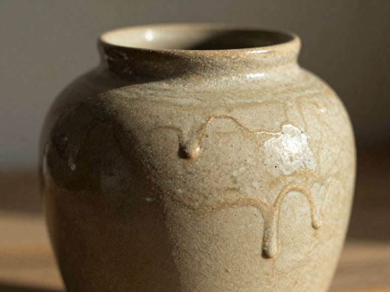 A close-up of a finished ceramic vase with a dripping, textured iron-speckled glaze catching low golden sunlight, shallow depth of field.