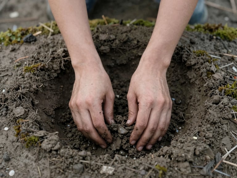 Hands digging dark, wet clay from a mossy riverbank, water droplets catching soft morning light, earthy brown and grey tones.