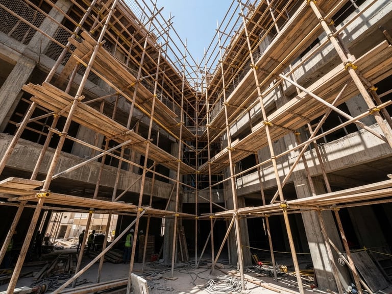 Low-angle shot looking up at a perfectly aligned wooden scaffolding structure wrapping a building under bright harsh Kuwait sunlight, sharp geometric shadows, rugged construction site