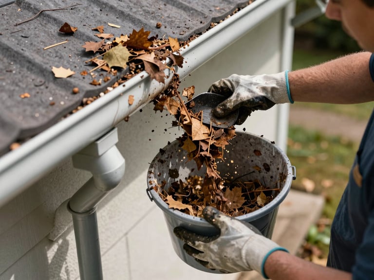 Overhead angled perspective of a residential gutter being cleared mid-work, gloved hands scooping compacted leaf debris into a bucket, bright daylight, downspout visible at bottom frame
