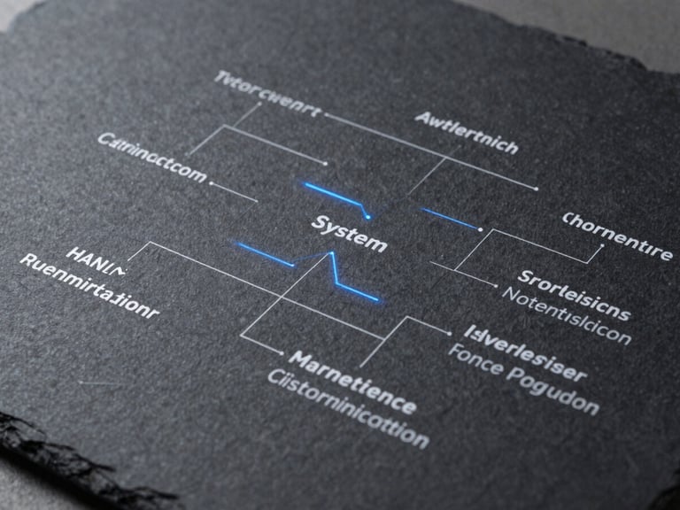 Clean system architecture diagram on a dark slate screen, precise lines, subtle electric blue accents, sharp focus