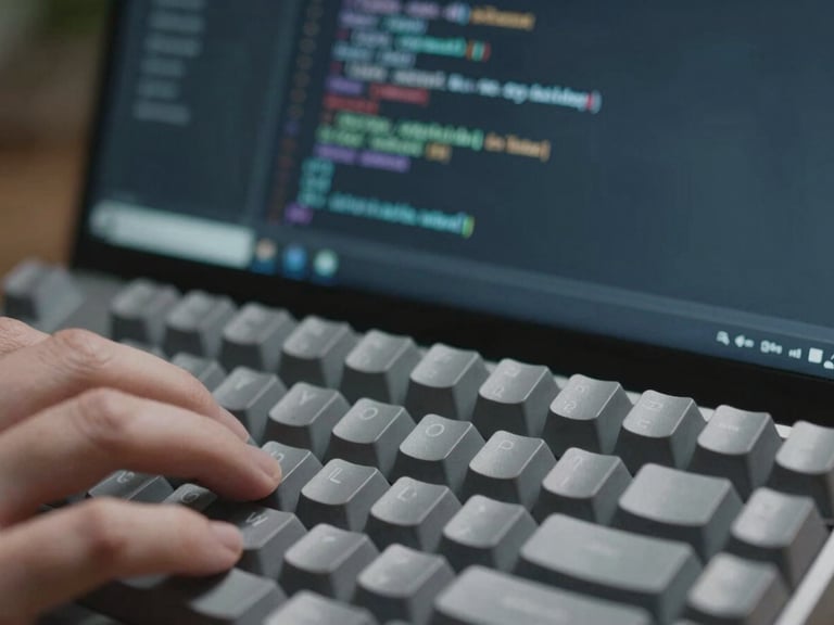 Macro view of developer typing on a mechanical keyboard, code lines reflecting on the screen, cool daylight, desaturated slate tones