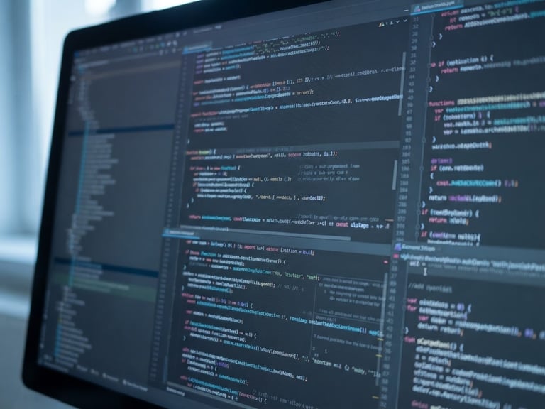 Macro close-up of a clean IDE code interface on a high-resolution screen, cool natural daylight, subtle blue screen glow, sharp focus, 35mm