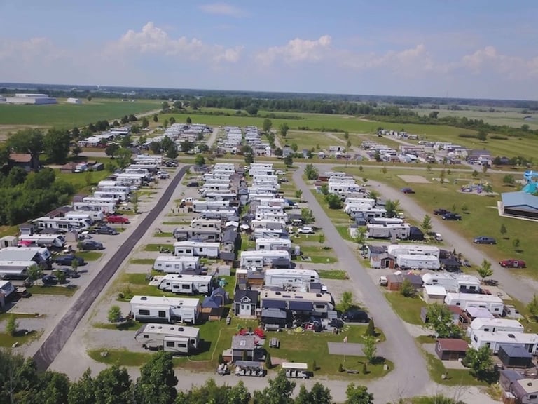 Aerial view of a luxury RV resort with rows of travel trailers and motorhomes parked in campsites.