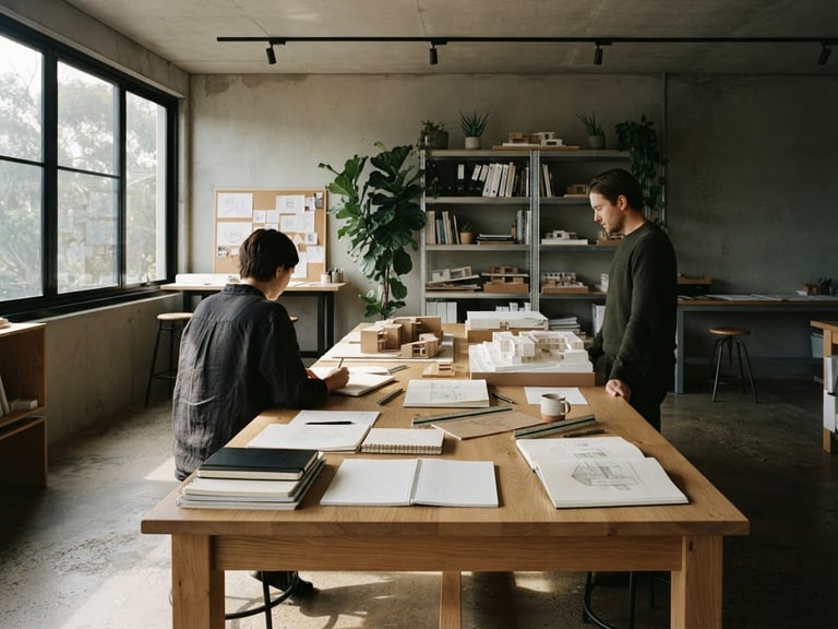 Medium-wide environmental shot of a quiet, minimalist design studio interior, soft directional window light casting deep shadows on a concrete floor, physical notebooks and architectural models on a long oak table, 35mm lens, muted earth tones.