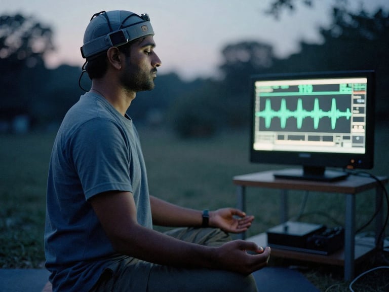 Person wearing EEG headset meditating outdoor showing meditation brain activity research