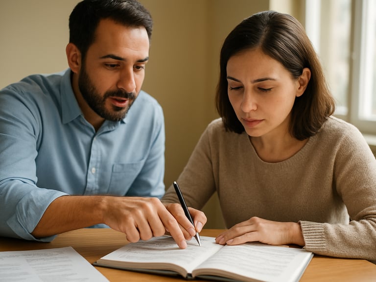 Close-up of a language instructor guiding a focused adult student through structured notes, bright natural light, warm professional atmosphere, 35mm