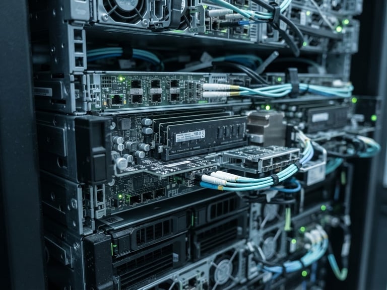 Macro close-up of a high-end server rack, cool-toned studio lighting, sharp focus on physical hardware, desaturated blues with subtle neon-green highlights, 50mm lens.