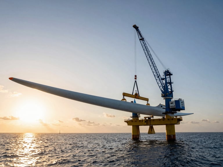 Wide angle shot of a massive offshore wind turbine blade being lifted into place by a blue crane on a jack-up vessel, dramatic golden hour light reflecting off the ocean, low horizon.