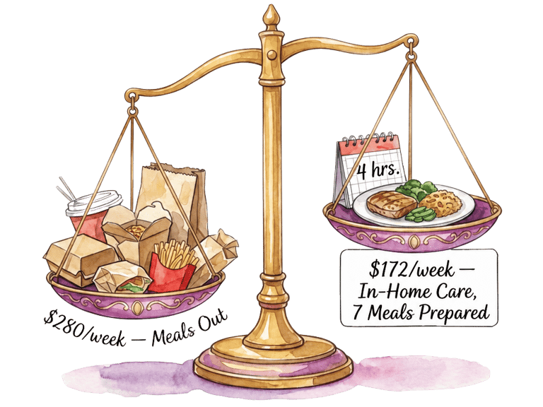 Comparison scale showing cost savings of in-home meal prep versus takeout and fast food.