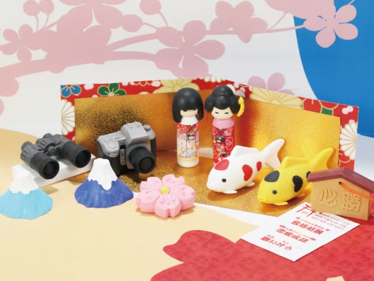 Collection of Japanese themed erasers featuring Kokeshi dolls, Mount Fuji, and koi fish.