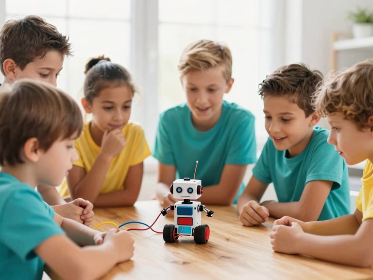 A group of diverse children excited around a small DIY robot on a wooden table, colorful wires, bright natural light, shallow depth of field, 35mm lens
