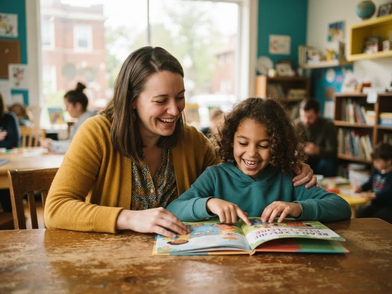 A warm candid photograph of an Ohio community learning center, soft daylight streaming through windows, a tutor and student smiling together over a book, shallow depth of field, 35mm lens.