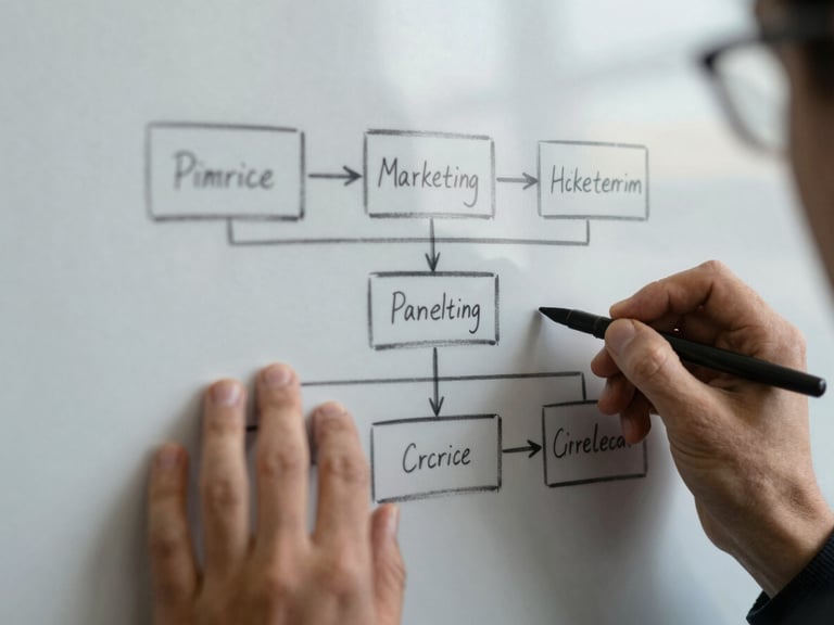 Tight macro shot of hands sketching a clear marketing pipeline architecture on a physical whiteboard, sharp focus, overcast natural daylight