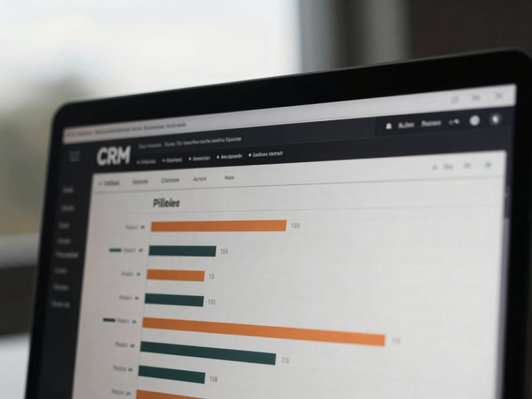 Moody editorial photography, overcast natural daylight, a sharp close-up screenshot of a real CRM analytics dashboard showing pipeline growth, high contrast, 35mm