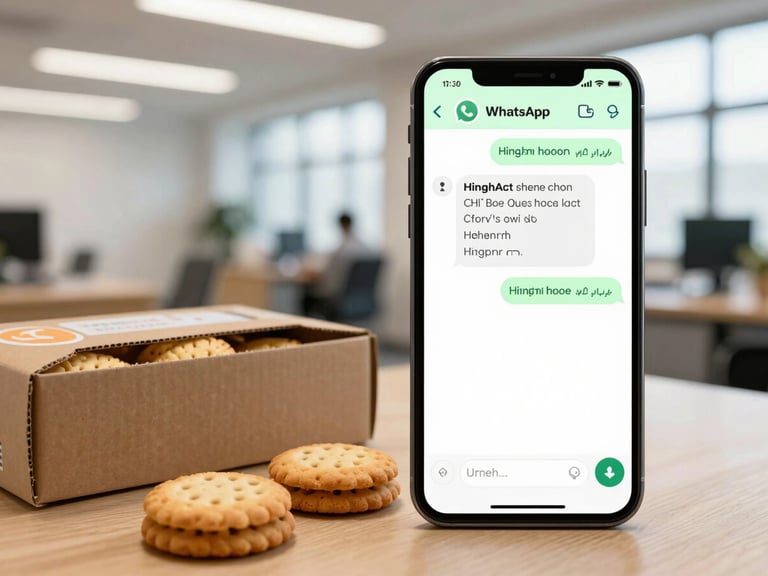 Realistic editorial photography of a smartphone screen showing a WhatsApp chat window with a Hinglish voice note transcription next to a cardboard box of biscuits, bright natural warehouse lighting
