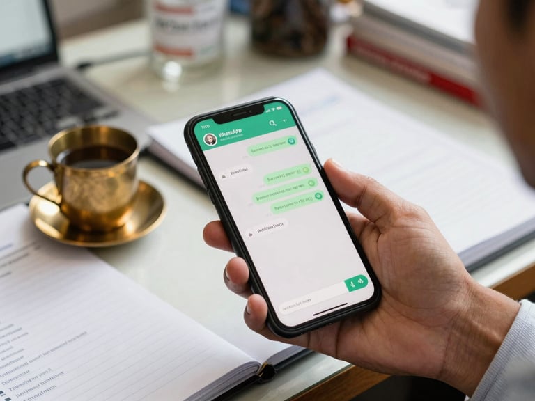 A close-up authentic photo of a busy Indian wholesale distribution office, a hand holding a smartphone showing a WhatsApp chat with a voice note, a brass tea cup on a ledger book in the background, warm natural light.