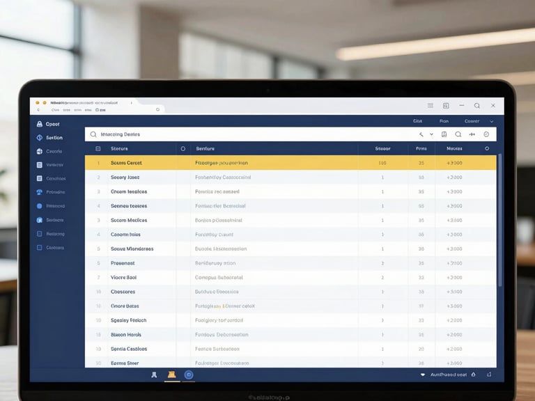 Straight-on software UI mockup showing a clean, high-contrast dashboard with structured order tables, blue and marigold highlights, sharp focus, tech-indigo base.