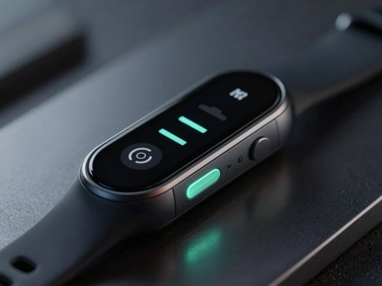 Macro close-up of high-end wearable fitness technology on a dark metallic surface, subtle cool-toned neon glows, cinematic depth of field.