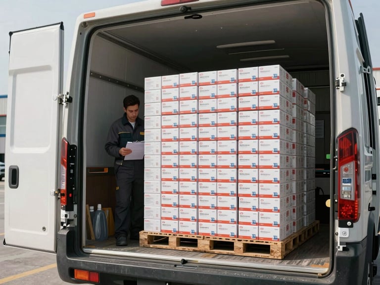 Wide shot inside a pharmaceutical distribution dock, stacked cartons of medicine boxes loaded onto a delivery vehicle at a loading bay, daylight streaming through the open dock door, a worker in the mid-ground checking a manifest clipboard