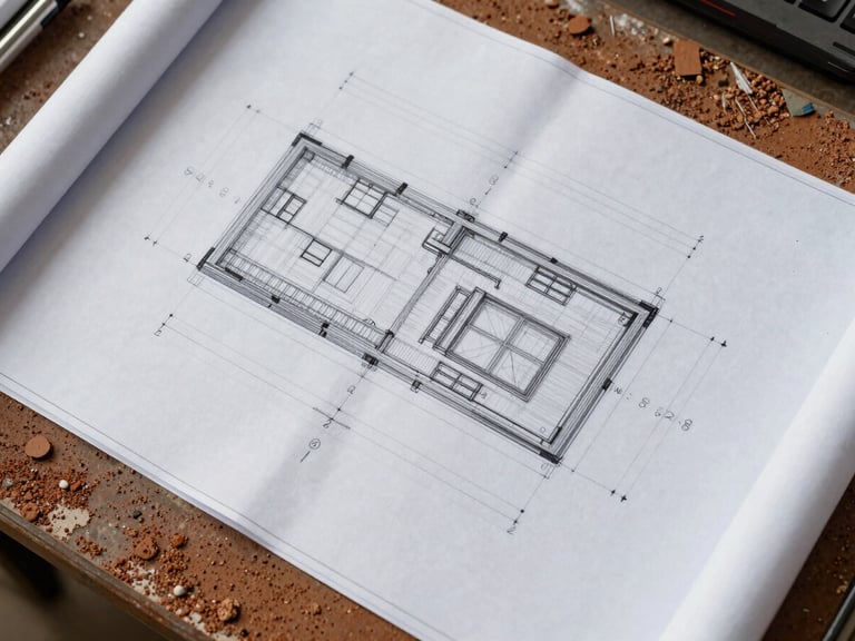 Close overhead view of a structural engineering drawing spread flat on a site table, pencil annotations and dimension lines visible, natural daylight casting soft shadows across the paper, laterite dust at the edges of the sheet