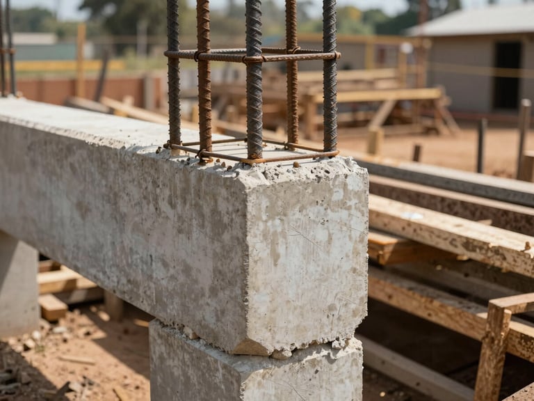 Detail photograph of a completed reinforced concrete beam joint at a construction site in Ghana, steel rebar ties visible, formwork timber stacked beside it, natural daylight, environmental context of surrounding structure in soft focus