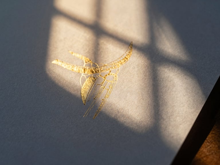 Macro close-up of heavy cotton paper with gold leaf embossing, architectural shadows, soft golden-hour window light, 35mm