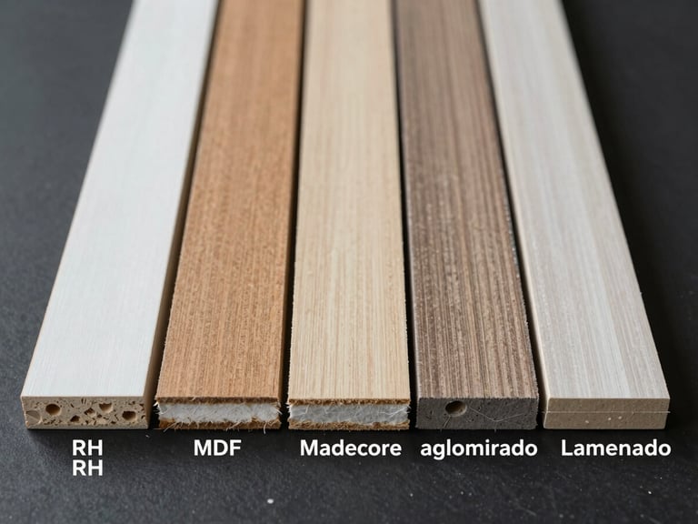 Cross-section close-up of five different panel materials—melamina RH, MDF, Madecore, aglomerado, laminado—cut cleanly and arranged side by side on a matte black industrial surface, controlled diffused studio lighting showing pristine exit cut edges without chipping or fiber tear-out