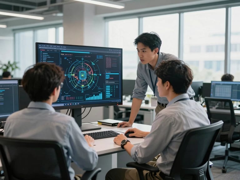 Unposed IT professionals collaborating in a modern war-room, clean natural office daylight, looking at system architecture diagrams on a screen.