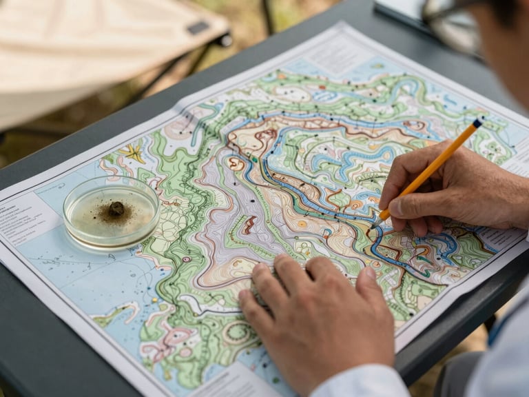 Close overhead view of a researcher's hands tracing a topographic map spread across a field table, a petri dish with mineral sediment sample placed alongside, warm north-facing daylight from a canvas shelter, pencil annotations visible at the map edges