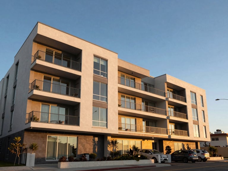 Wide-angle architectural photography of a modern multi-family duplex in Manhattan Beach at golden hour, clean geometric lines, blue sky.