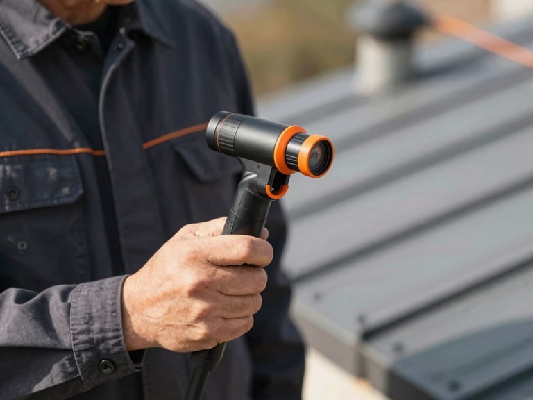 Close-up of a professional chimney technician in a clean dark uniform holding a high-tech inspection camera probe, sharp focus, natural daylight, warm orange accent on the tool