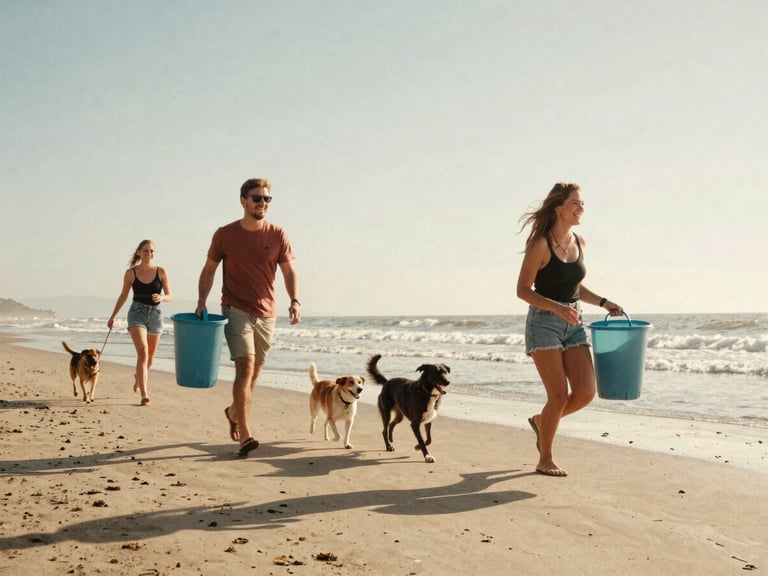 Candid analog photo of happy dog owners and their pups running along the shoreline holding trash grabbers, sun-drenched retro tones, warm hazy light.
