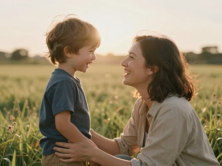 A mother and child laughing together in a sun-drenched field, warm backlighting, authentic interaction, natural sun flare.