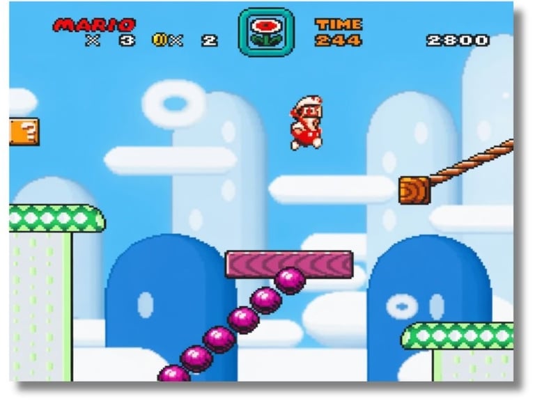 Mario pulando de plataforma com cenario azul e nuvens brancas