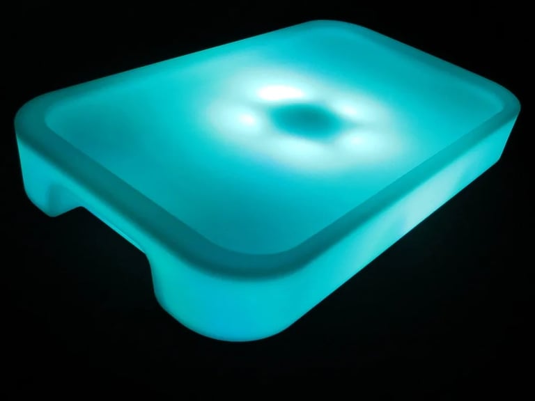 Blue glow serving tray, used as a glow bar accessory, available to hire in Redlands.