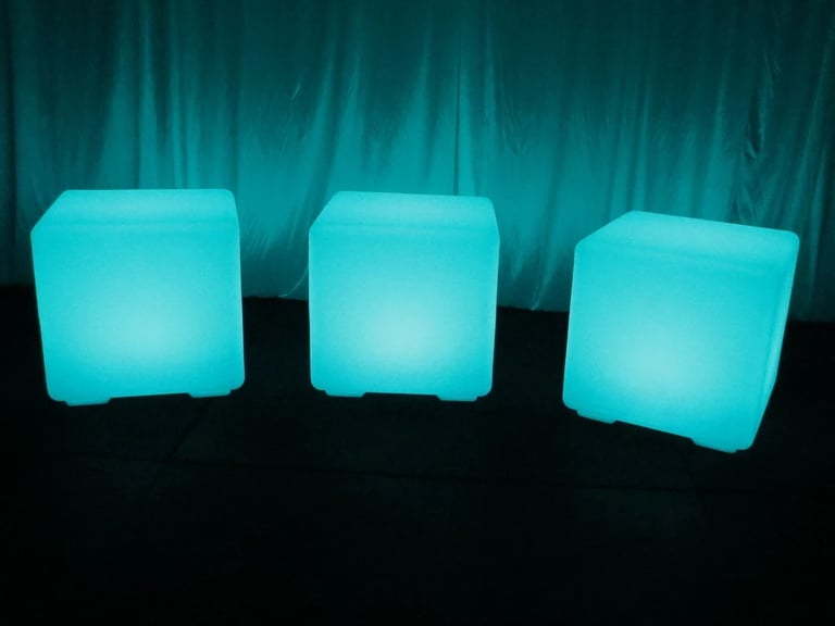 Blue glow cube seating or side table for glow party, avaialable for hire in Redlands.