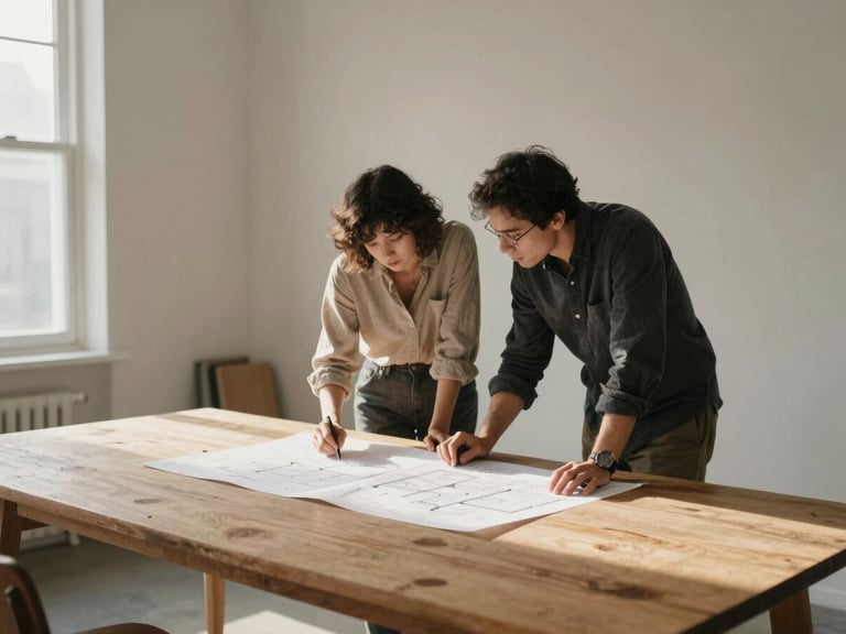 Two interior designers looking at architectural plans on a large wooden table in a sun-drenched minimalist studio, soft shadows, warm neutral tones.