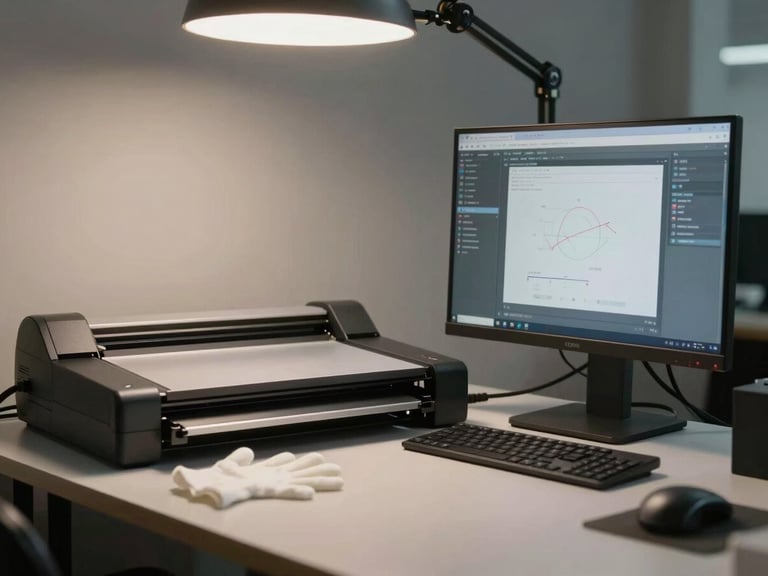 Wide environmental shot of a tidy studio workstation — a calibrated monitor, a flatbed scanner lid open, cotton gloves resting on the surface, soft diffused overhead light, warm gray tones, no people visible, communicating quiet professional capability