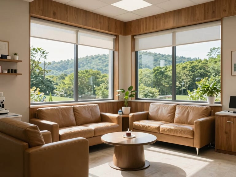 A sunlit, modern medical office interior with warm oak accents, soft leather seating, and large windows looking out to Tennessee greenery, clean clinical editorial style.