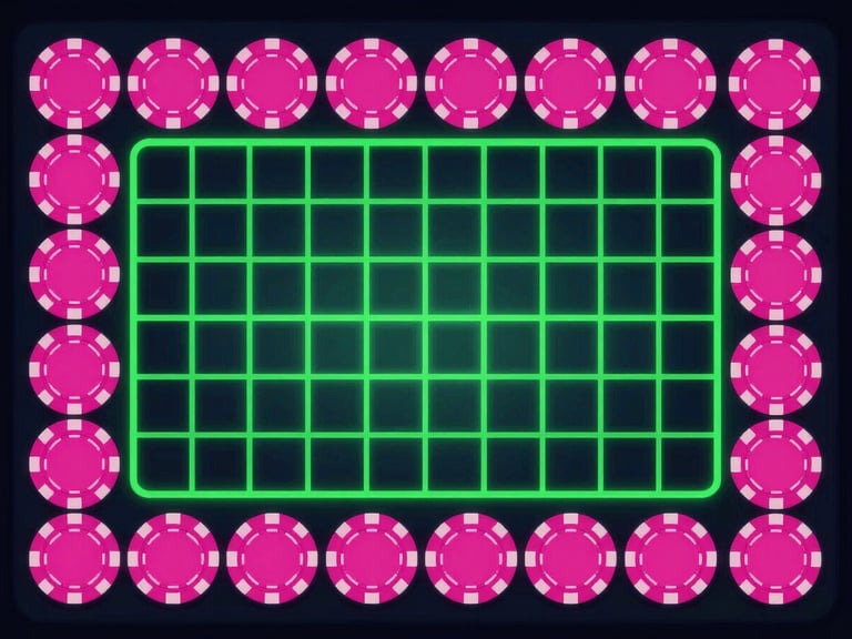 Direct flat-lay device mockup showing a tactical card game with glowing neon pink chips and green grid lines, dark digital backlighting